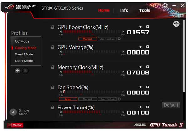 Asus Strix GTX 1050 O2G Gaming Gaming mode