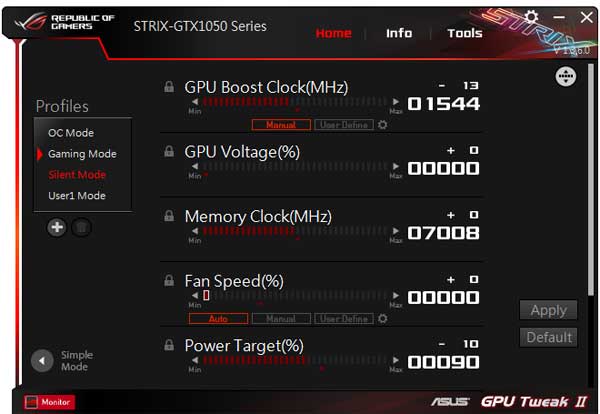 Asus Strix GTX 1050 O2G Gaming GPU Tweak II simple mode