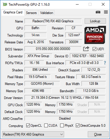 XFX Radeon RX 460 Double Dissipation 4GB GPUZ
