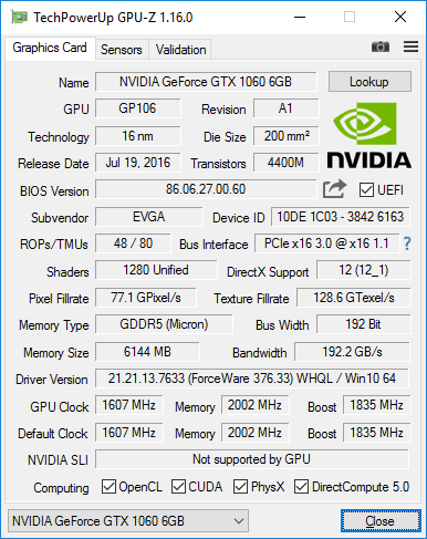 EVGA GTX 1060 SC Gaming 6GB GPUZ