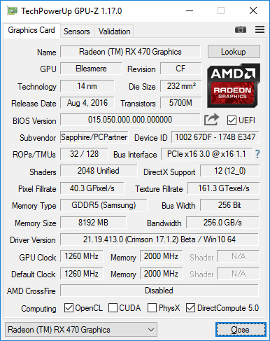 Sapphire Nitro+ RX 470 8GB GPUZ