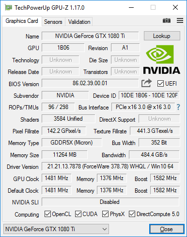 Nvidia GTX 1080 Ti FE GPUZ