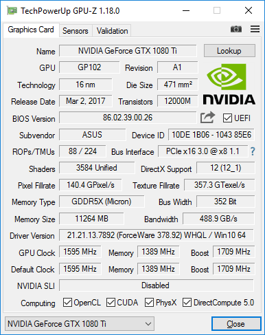 Asus Strix GTX 1080 Ti O11G Gaming GPUZ