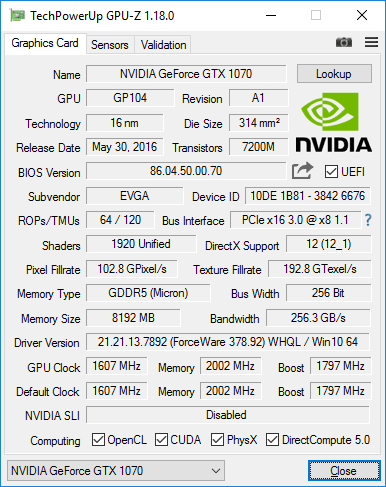 EVGA GTX 1070 FTW2 Gaming iCX GPUZ