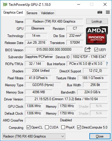 Sapphire Nitro+ RX 480 4G D5 OC GPUZ