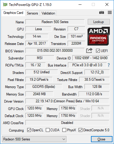 MSI RX 550 Aero ITX 2G GPUZ