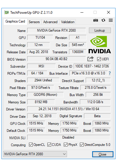 MSI RTX 2080 Gaming X TRIO GPUZ
