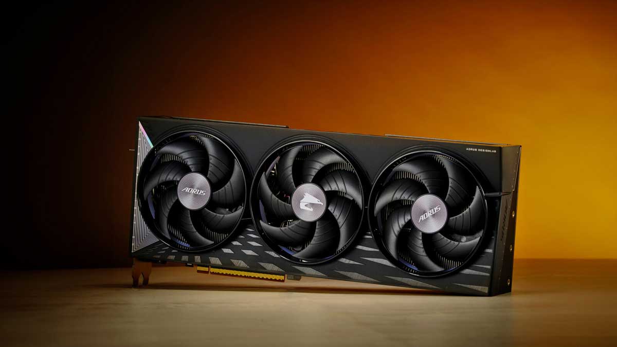 AORUS Radeon RX 9070 XT ELITE 16G na produktové fotografii