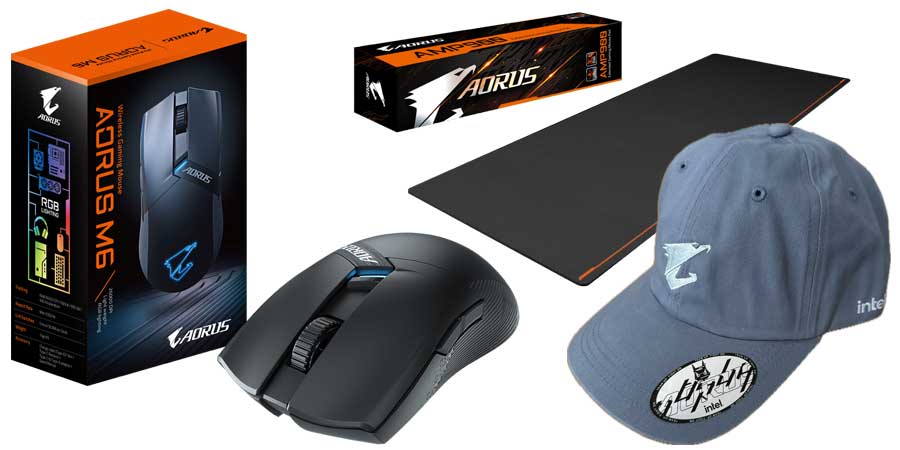 Pro zvětšení klikni 2. místo; Bezdrátová herní myš AORUS M6 + obří podložka AMP900 + čepice AORUS