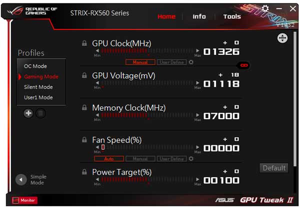 Asus Strix RX 560 O4G Gaming GPU Tweak gaming mode