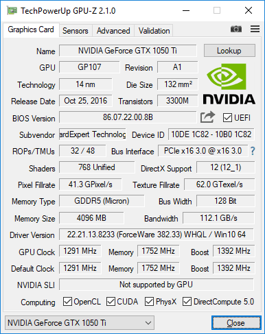 Gainward GTX 1050 Ti 4GB GPUZ