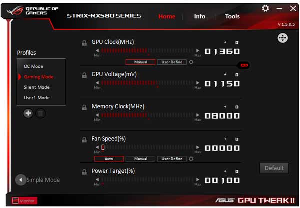 Asus Strix RX 580 O8G Gaming GPU Tweak gaming mode