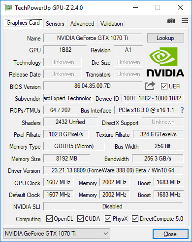 Gainward GTX 1070 Ti Phoenix GS GPUZ