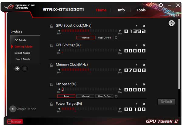 Asus Strix GTX 1050 Ti 4G Gaming GPU Tweak gaming mode
