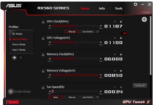 Asus RX 560 O4G EVO GPU Tweak gaming mode