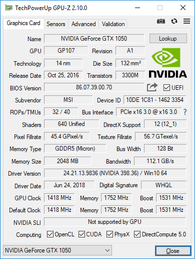 MSI GTX 1050 Gaming X 2G GPUZ