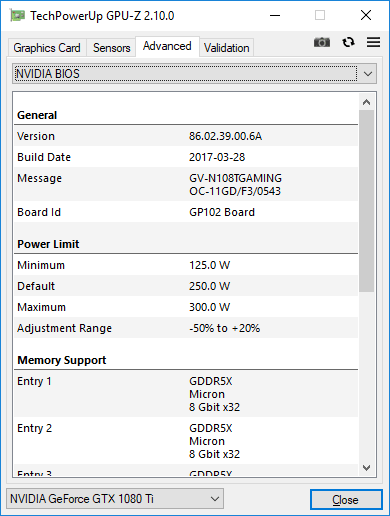 Gigabyte GTX 1080 Ti Gaming OC 11G GPUZ TDP