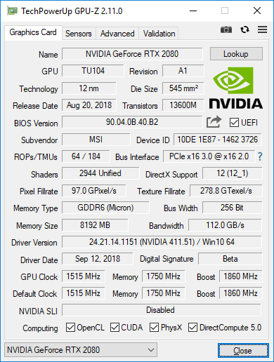 MSI RTX 2080 Gaming X TRIO GPUZ