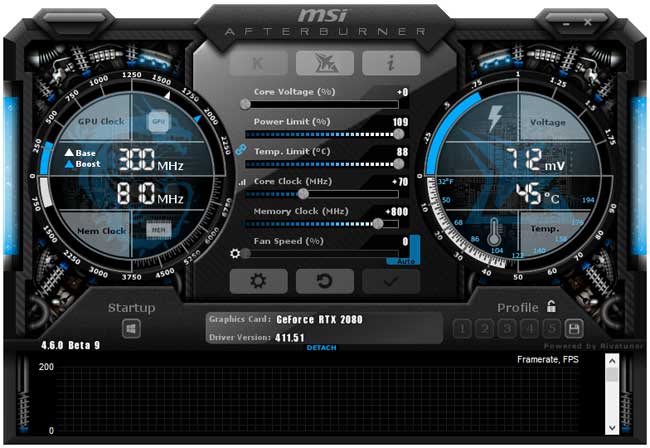 MSI RTX 2080 Gaming X TRIO přetaktování Afterburner