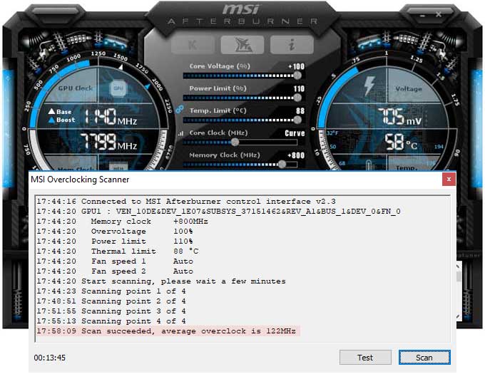 MSI RTX 2080 Ti Gaming X TRIO přetaktování Afterburner