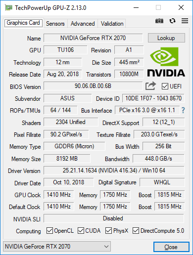 Asus Strix RTX 2070 O8G Gaming GPUZ