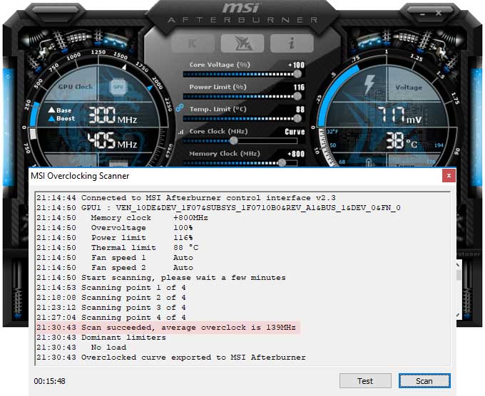 Gainward RTX 2070 Phantom GLH 8G přetaktování Afterburner