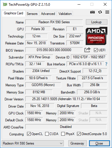 XFX RX 590 Fatboy 8GB GPUZ