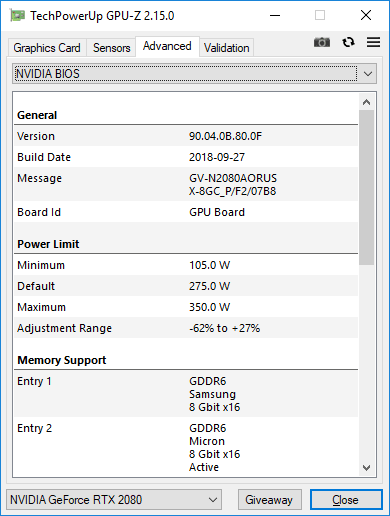 Gigabyte Aorus RTX 2080 XTREME 8G GPUZ TDP