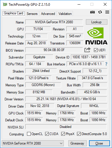 Gigabyte Aorus RTX 2080 XTREME 8G GPUZ