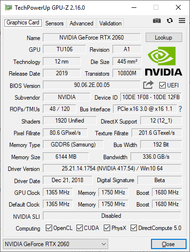 NVIDIA RTX 2060 Founders Edition GPUZ