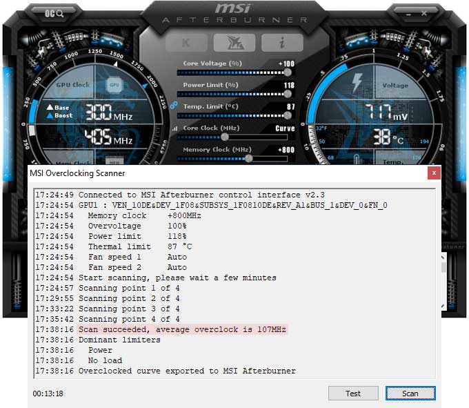 Přetaktování pomocí OC Scanner Gainward RTX 2060 Phoenix GS 6G přetaktování Afterburner