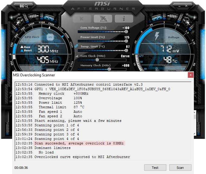 Přetaktování pomocí OC Scanner Asus Strix RTX 2060 O6G Gaming přetaktování Afterburner