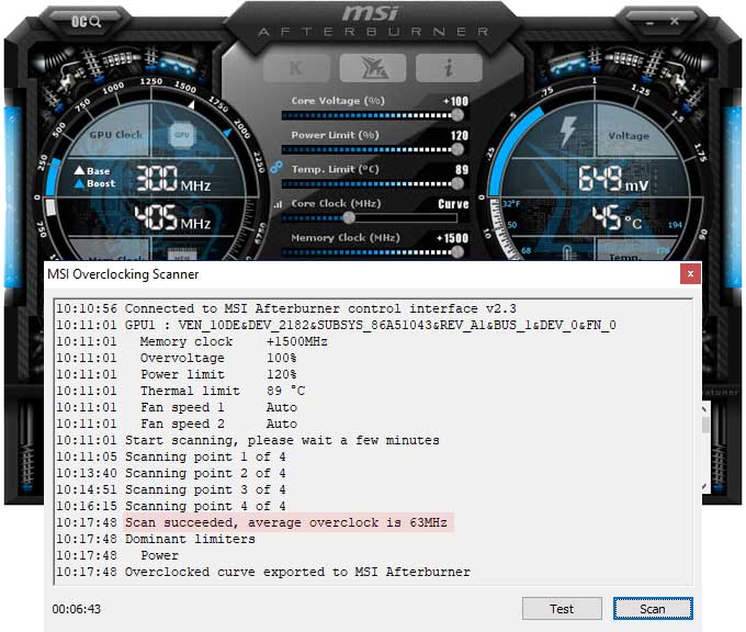 Asus Strix GTX 1660 Ti O6G Gaming přetaktování Afterburner
