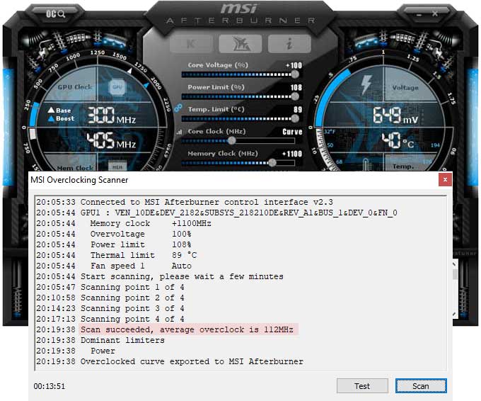 Gainward GTX 1660 Ti Pegasus přetaktování Afterburner