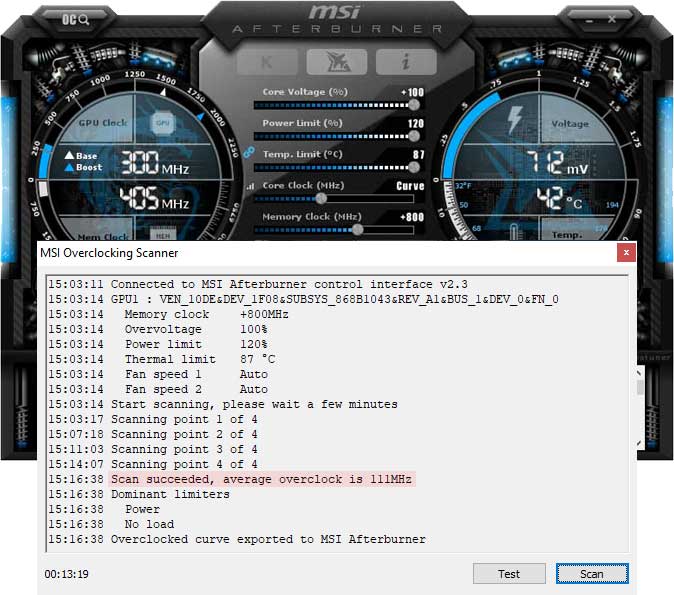 Přetaktování pomocí OC Scanner Asus Dual RTX 2060 O6G přetaktování Afterburner