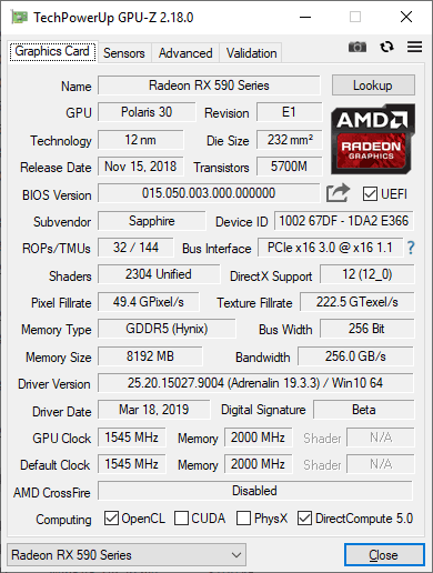 Sapphire Nitro+ RX 590 8GD5 SE GPUZ (BIOS2)