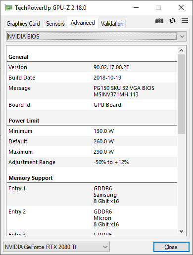 MSI RTX 2080 Ti Duke 11G GPUZ TDP