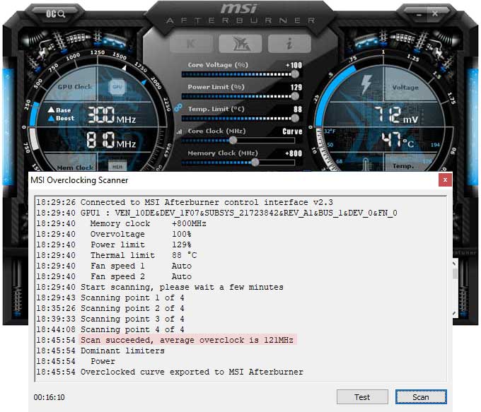 Přetaktování pomocí OC Scanner EVGA RTX 2070 XC Gaming přetaktování Afterburner