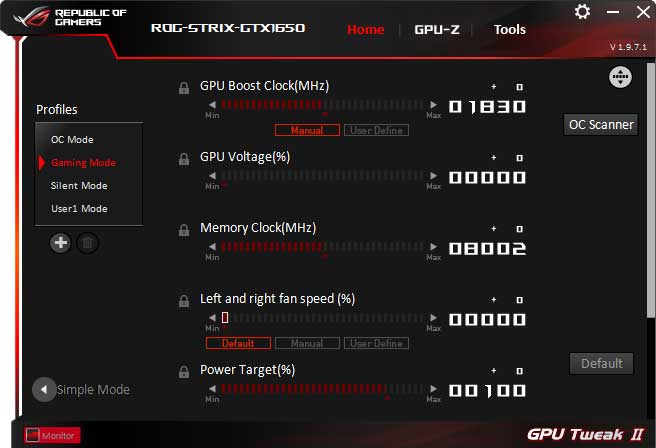 Asus Strix GTX 1650 O4G Gaming GPU Tweak advanced mode