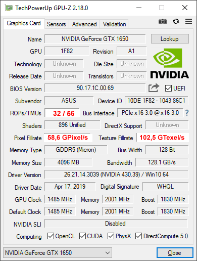 Asus Strix GTX 1650 O4G Gaming GPUZ Asus Strix GTX 1650 O4G Gaming GPUZ