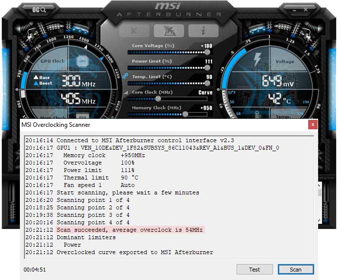 Asus Strix GTX 1650 O4G Gaming přetaktování Afterburner