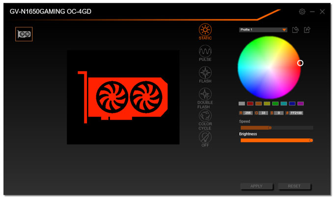 Nastavení osvětlení Gigabyte GTX 1650 Gaming OC 4G pomocí RGB Fusion Gigabyte GTX 1650 Gaming OC 4G RGB Fusion