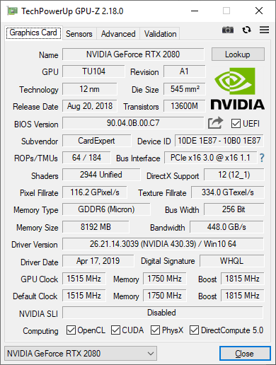 Gainward RTX 2080 Phoenix GS 8G GPUZ