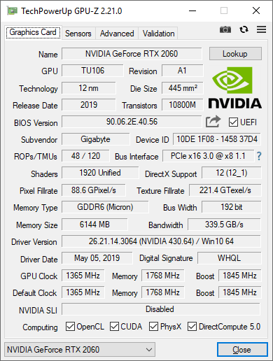 Gigabyte Aorus RTX 2060 XTREME 6G GPUZ