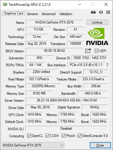 MSI RTX 2070 Ventus 8G GPUZ