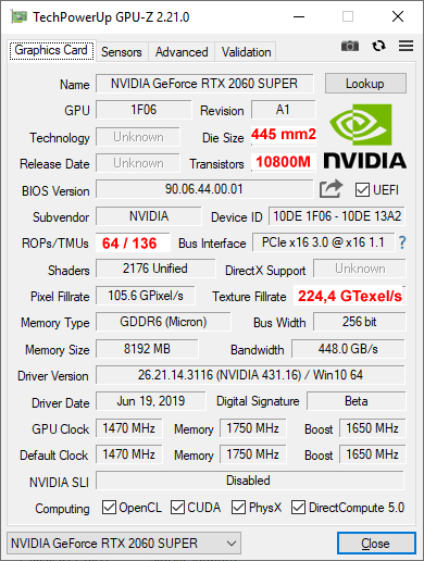 NVIDIA RTX 2060 SUPER GPUZ