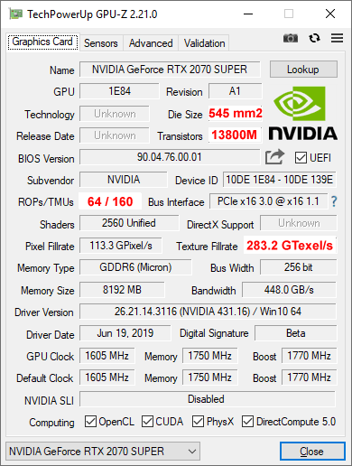 NVIDIA RTX 2070 SUPER GPUZ