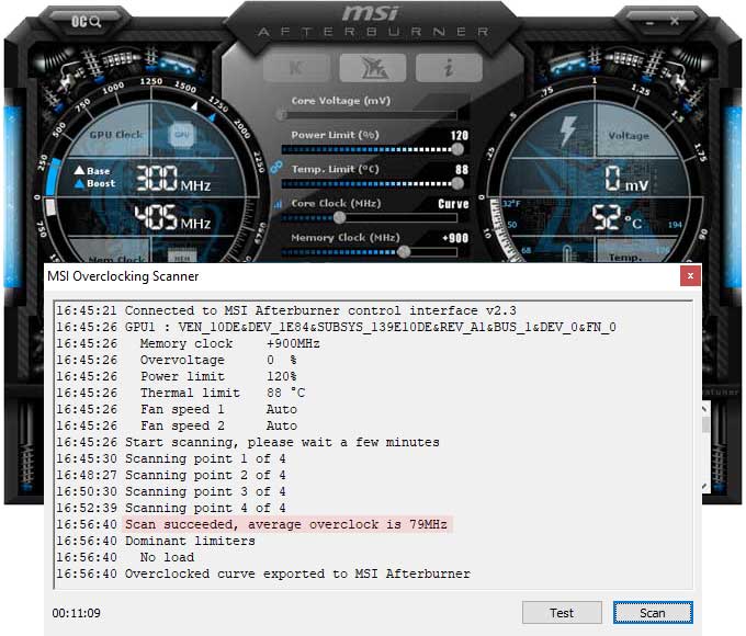 Přetaktování pomocí OC Scanner NVIDIA RTX 2070 SUPER přetaktování Afterburner