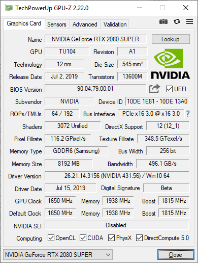 NVIDIA RTX 2080 SUPER GPUZ