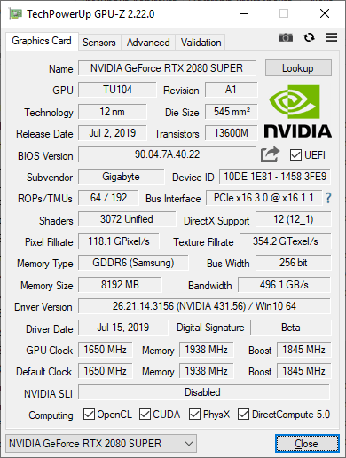 Gigabyte RTX 2080 SUPER Gaming OC GPUZ